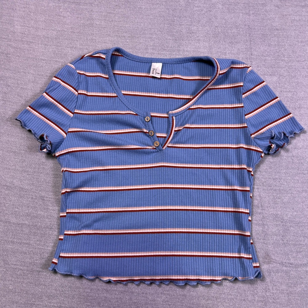 SHEIN Striped Ribbed Henley Short Sleeve Crop Top‎ Womens Size S Blue Cotton